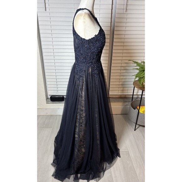 Xscape Navy Blue Lace Beaded tulle overlay Evening Gown Size 8 Formal Prom - Picture 4 of 17
